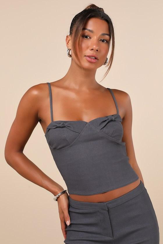 Katira Charcoal Grey Knotted Bustier Cami Crop Top Product Image