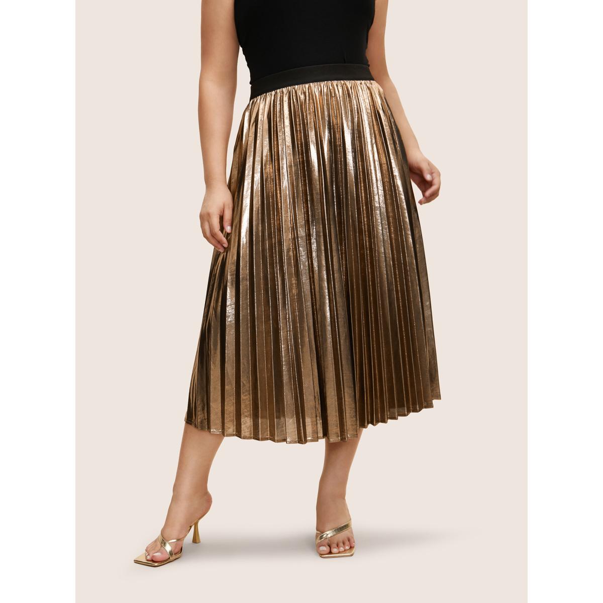 Plus Size Glitter Metallic Luster Knitted Pleated Skirt Women Champagne Cocktail Pleated No stretch Party Skirts BloomChic 12/L Product Image