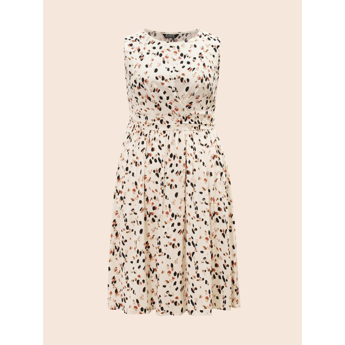 Plus Size Allover Print Pocket Flutter Crossover Ruched Tank Dress Apricot Women Elegant Twist Round Neck Sleeveless Curvy Midi Dress BloomChic 28/5X Product Image