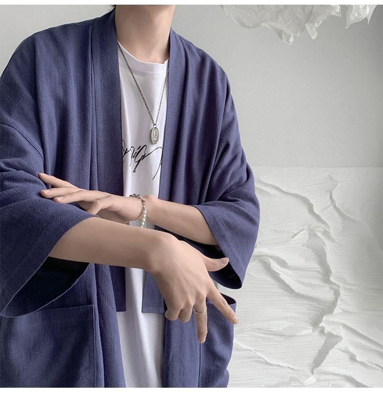 3/4-Sleeve Plain Open Front Kimono Jacket Product Image