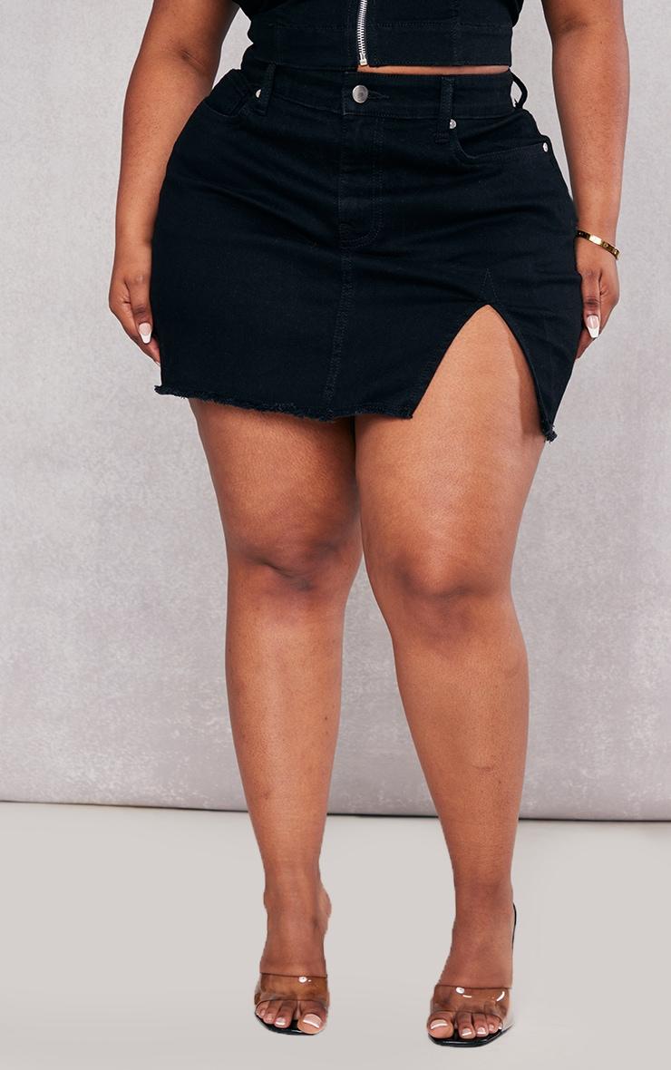 Plus Black Stretch Denim Split Detail Mini Skirt Product Image