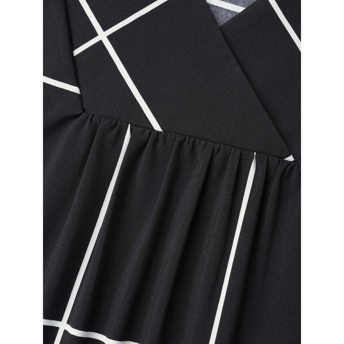 Plus Size Black Plaid Crumpled V-Neck Fitted Shirt Women At the Office Short sleeve Overlap Collar Work Blouses BloomChic 22-24/3X Product Image