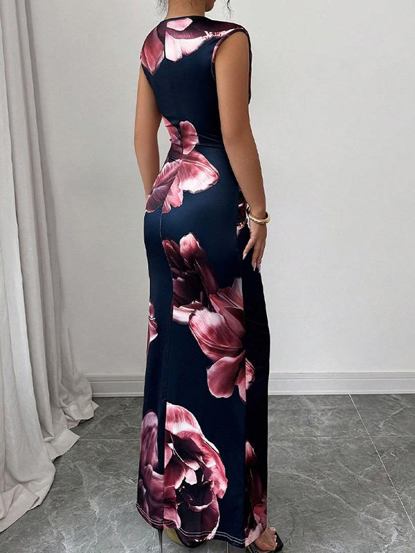 Bodycon Sleeveless Contrast Color Flower Print Round-Neck Maxi Dresses Product Image