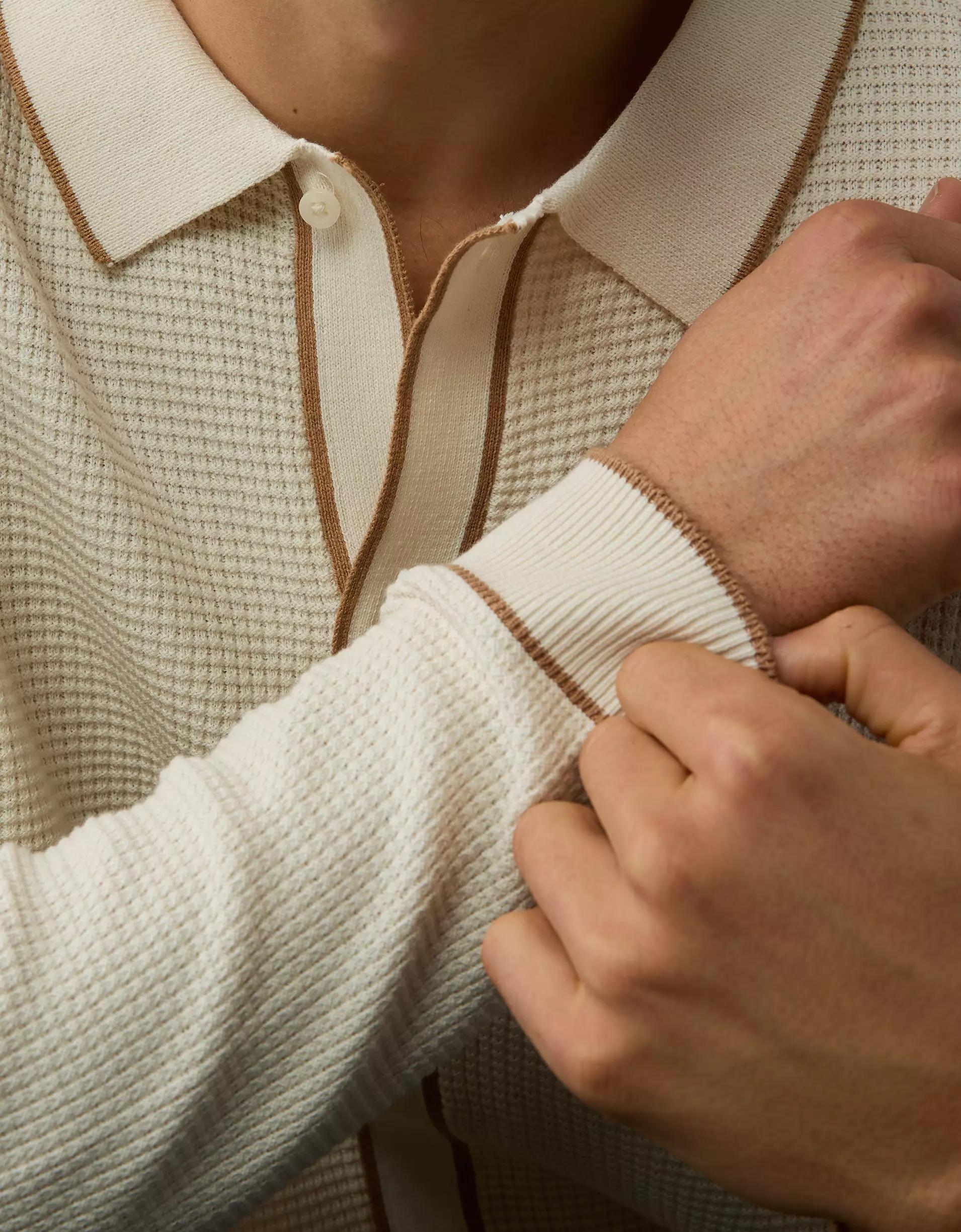 AE Long-Sleeve Tipped Waffle Sweater Polo Shirt Product Image