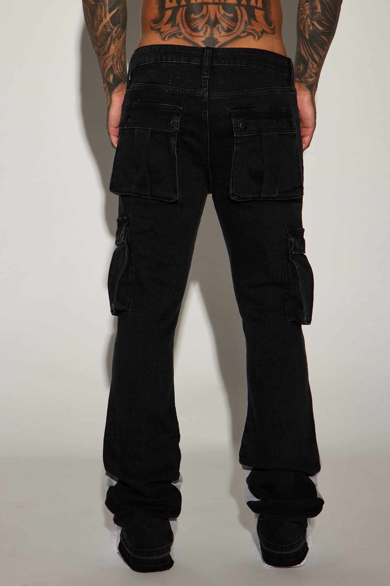 Carried Cargo Stacked Skinny Flared Jeans - Black Product Image