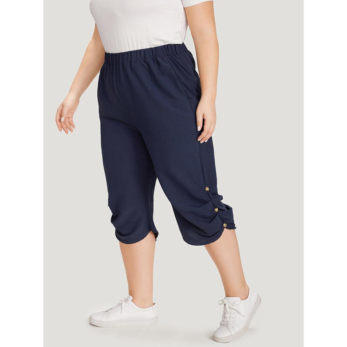 Plus Size Solid Pocket Beaded Detail Gathered Pants Women Blue Casual High Rise Dailywear Pants BloomChic 10/M Product Image