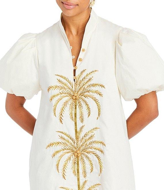 Mestiza New York Elliana Poplin Palm Tree Embroidery Mandarian Collar Short Puff Sleeve Dress Product Image