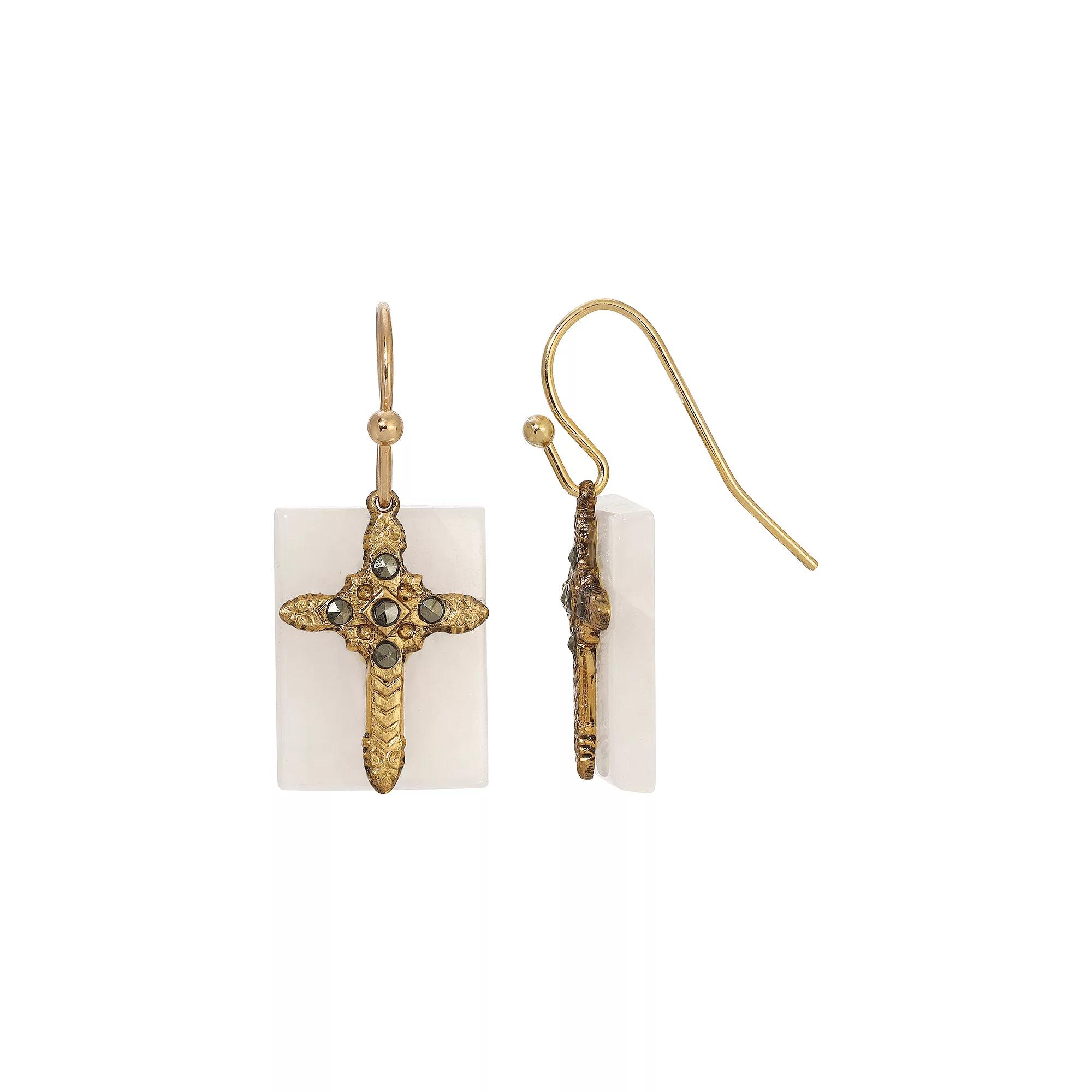 Symbols of Faith Gold Tone Semi-Precious Cross Drop Earrings, Womens, Black Product Image