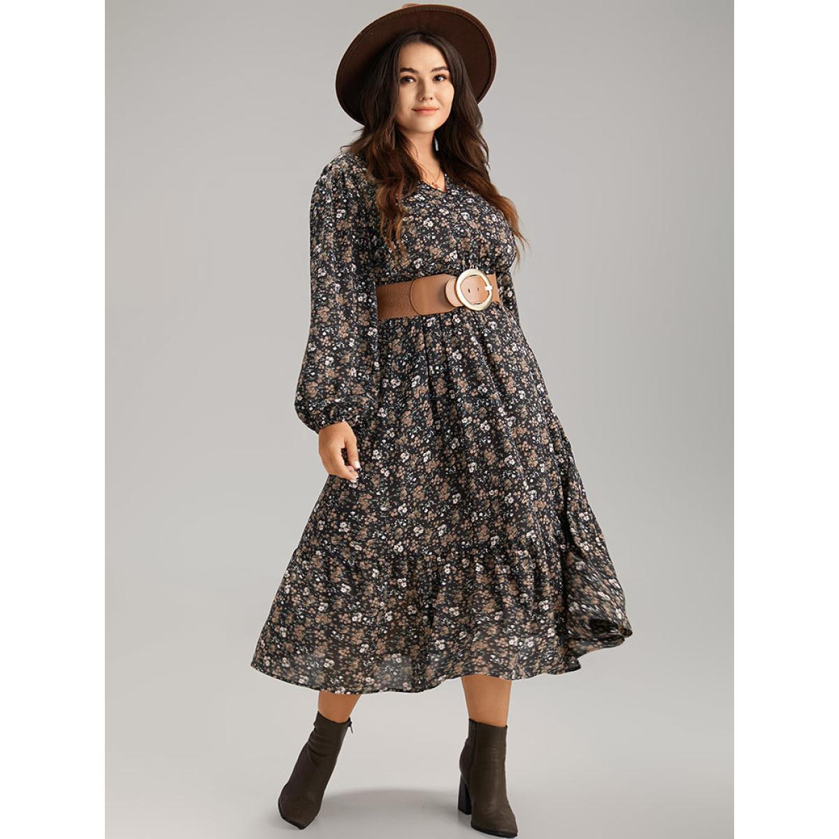 Plus Size Ditsy Floral Notched Flutter Hem Dress Black Women Elegant Elastic cuffs Notched collar Long Sleeve Curvy Midi Dress BloomChic 14-16/1X Product Image