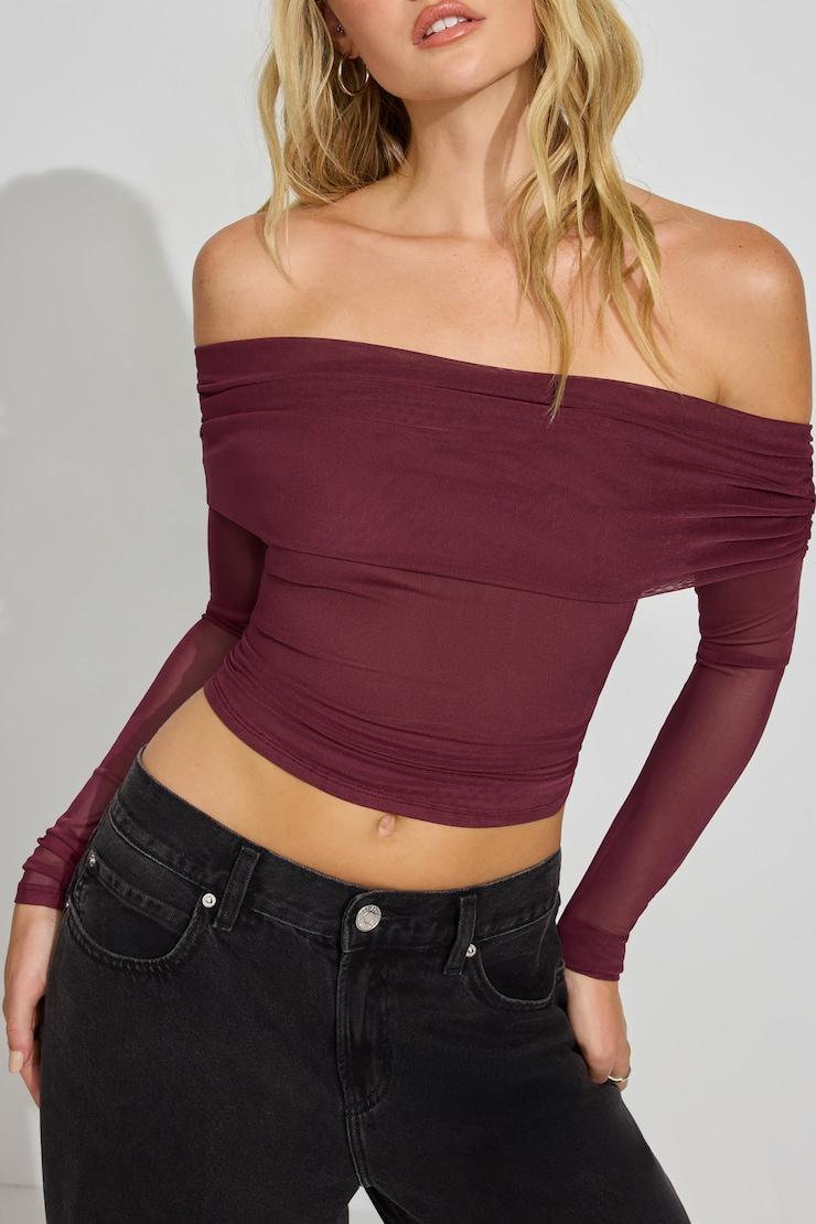 Mesh Long Sleeve Off Shoulder Top Product Image