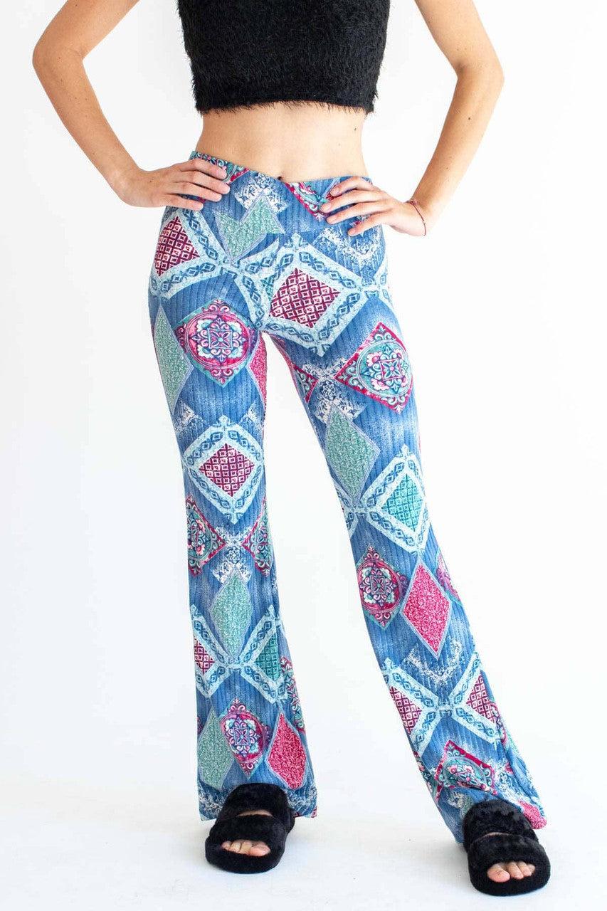 Blue Tile Print Ribbed Bell Bottoms Product Image