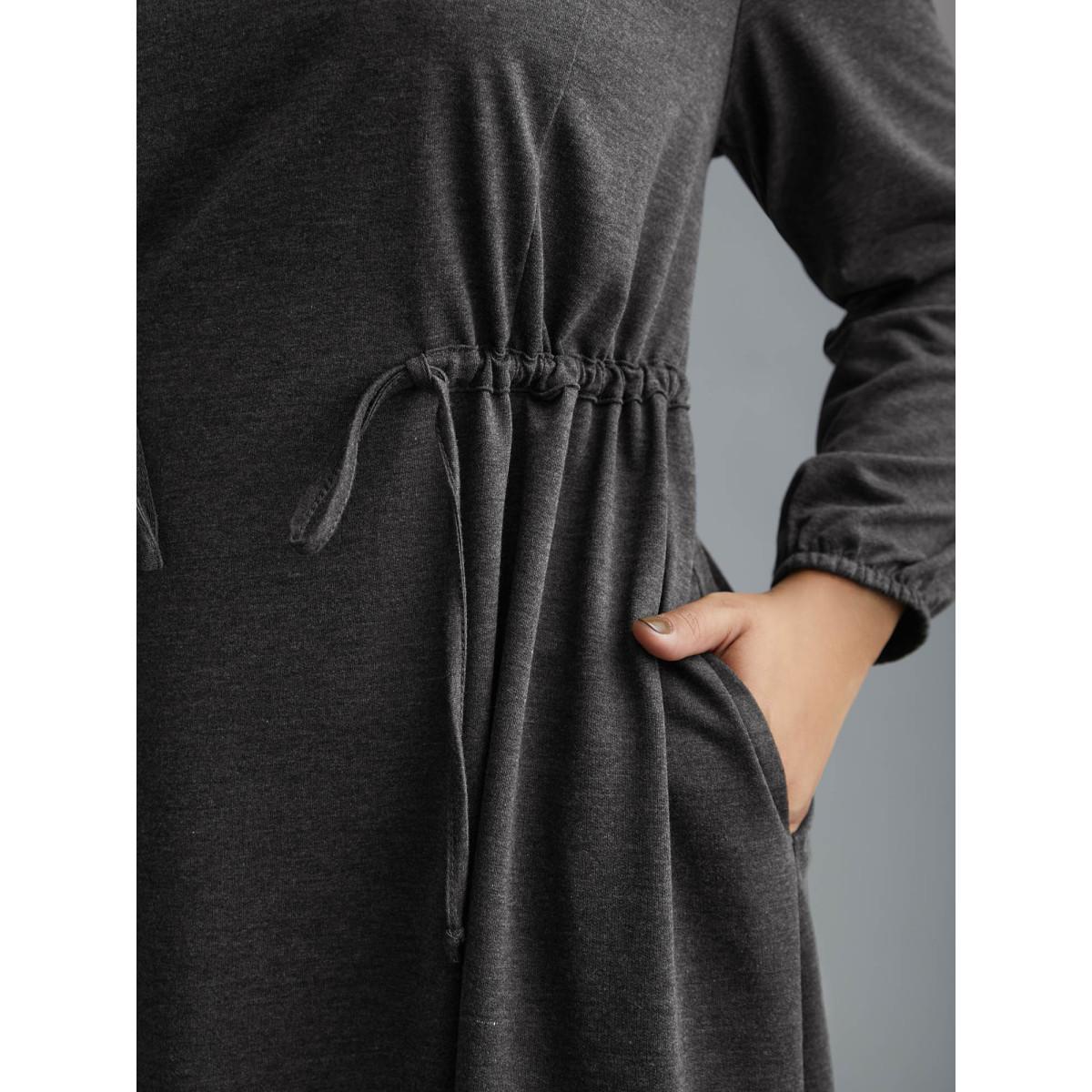 Plus Size Elastic Waist Tie Round Neck Knit Midi Dress DarkGray Women Casual Drawstring Knit Dresses Bloomchic 26/4X Product Image