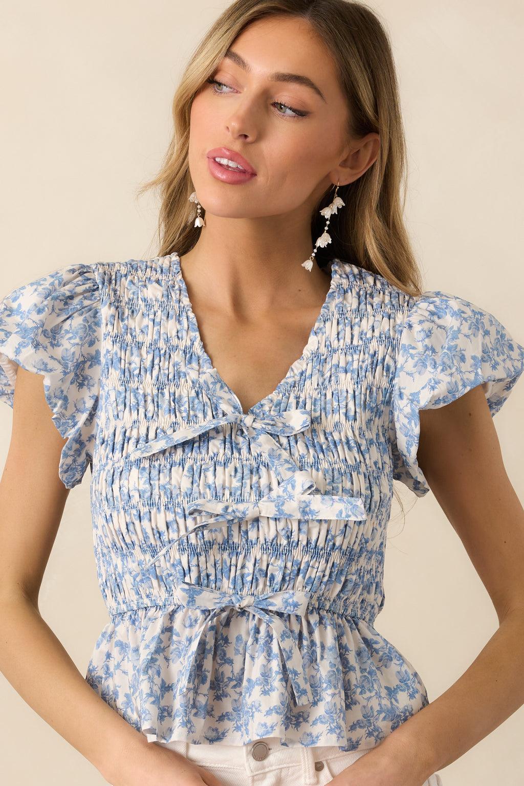 Wildflower Valley Light Blue Floral Cotton Puff Sleeve Top Product Image