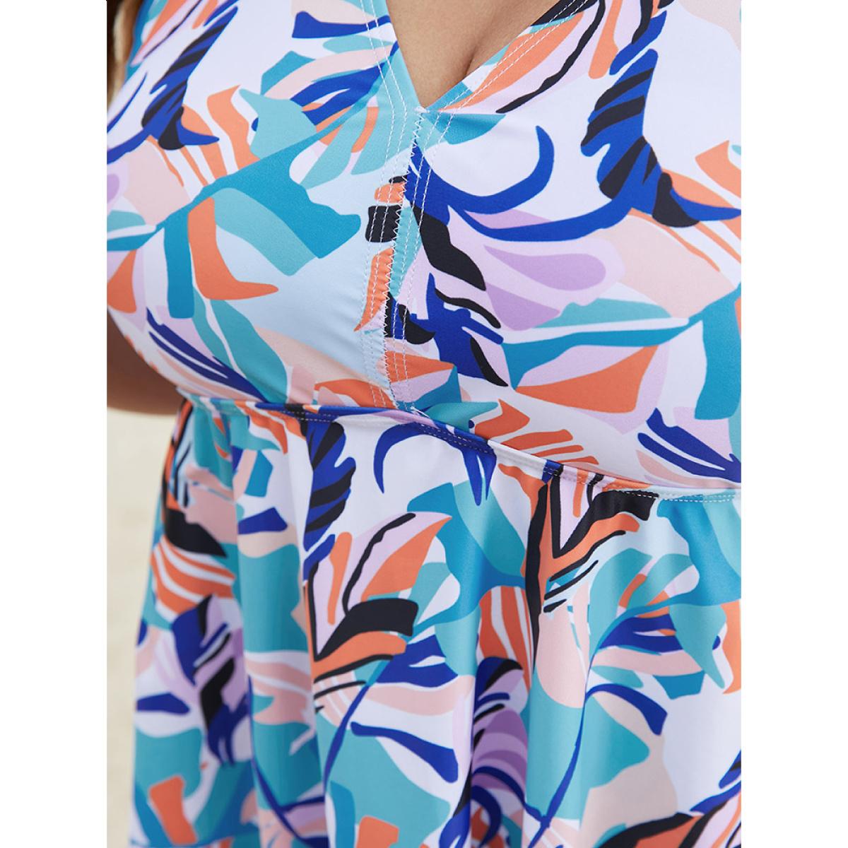 Plus Size Graphic Print Halter Knot Back Ruffle Hem Tankini Top Women's Swimwear Turquoise Vacation Adjustable Straps High stretch Bodycon V-neck Curve Swim Tops BloomChic 12/L Product Image