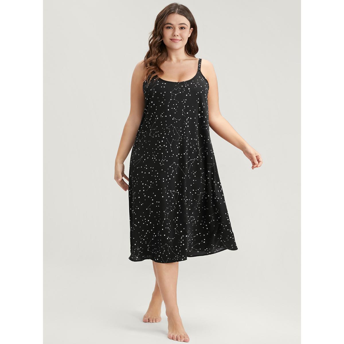 Plus Size Star Print Sleeveless Cami Night Dress Women Black Elegant Moon and Star Printed Spaghetti Strap Loungewear BloomChic 10/M Product Image
