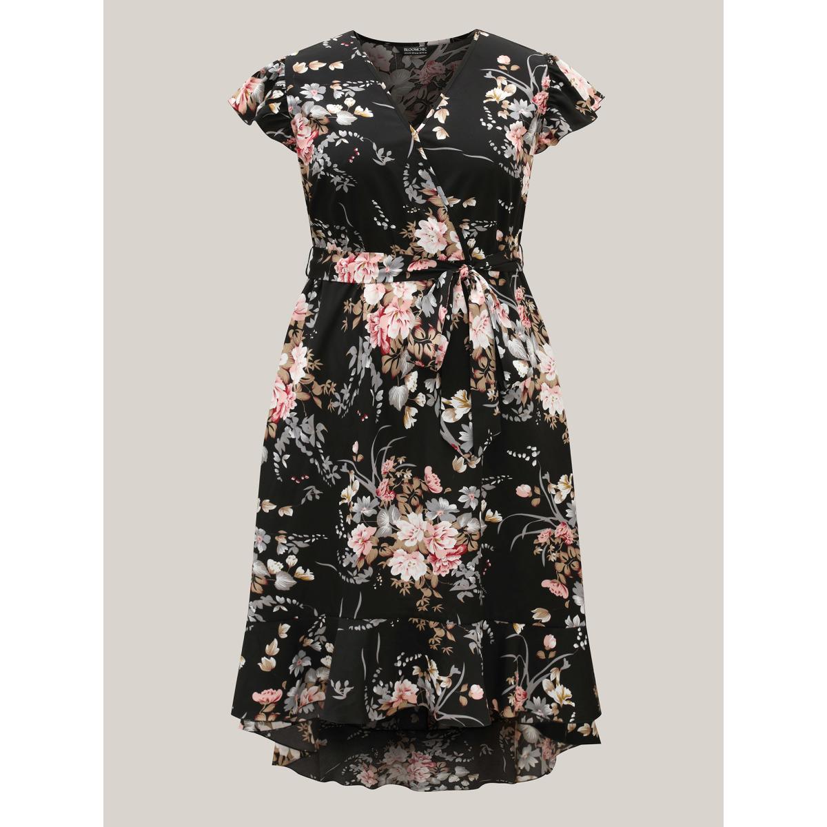 Plus Size Midnight Blooms Wrap A-Line Midi Dress Black Women Romantic Overlap Collar Cap Sleeve Curvy BloomChic 10/M Product Image