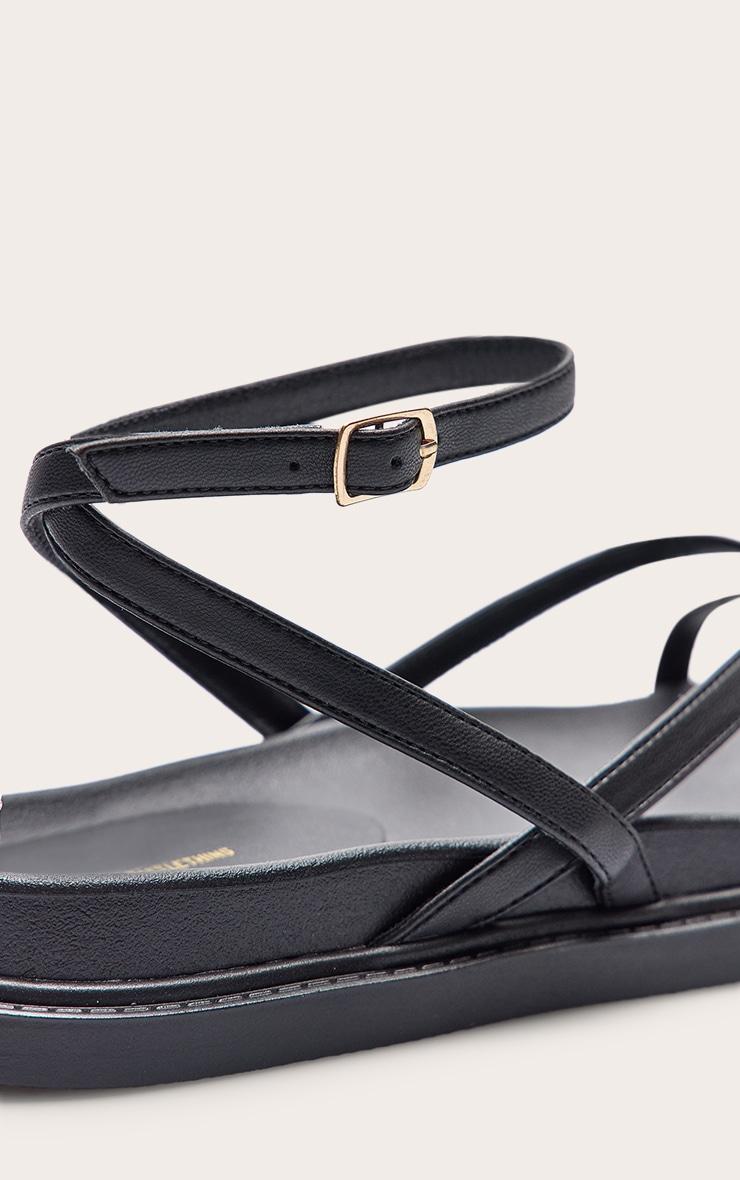 Black Pu Round Toe Thong Footbed Ankle Strap Flat Sandals Product Image