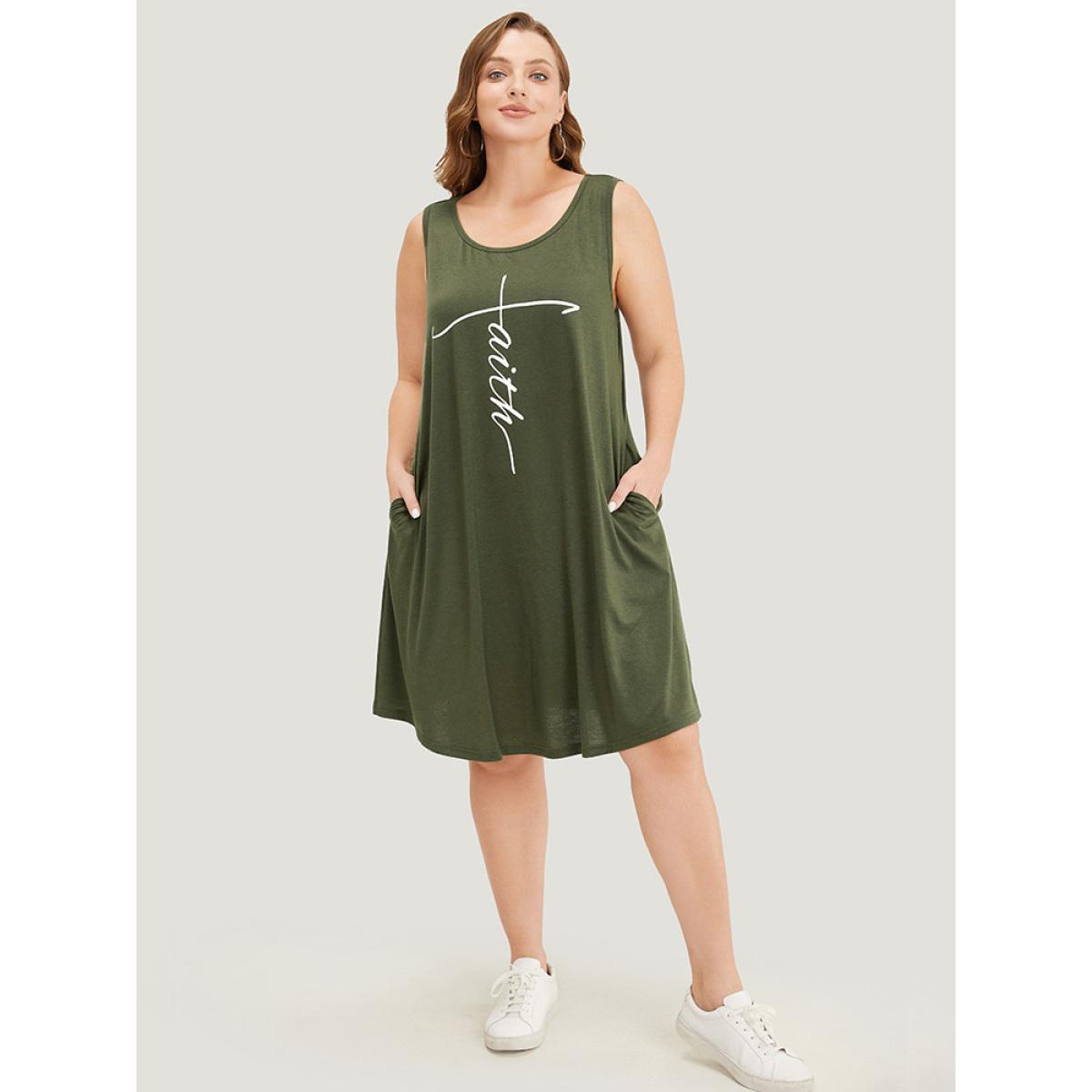 Plus Size Graphic Print Sleeveless Pocket Tank Dress ArmyGreen Women Casual Pocket Round Neck Sleeveless Curvy Knee Dress BloomChic 14-16/1X Product Image