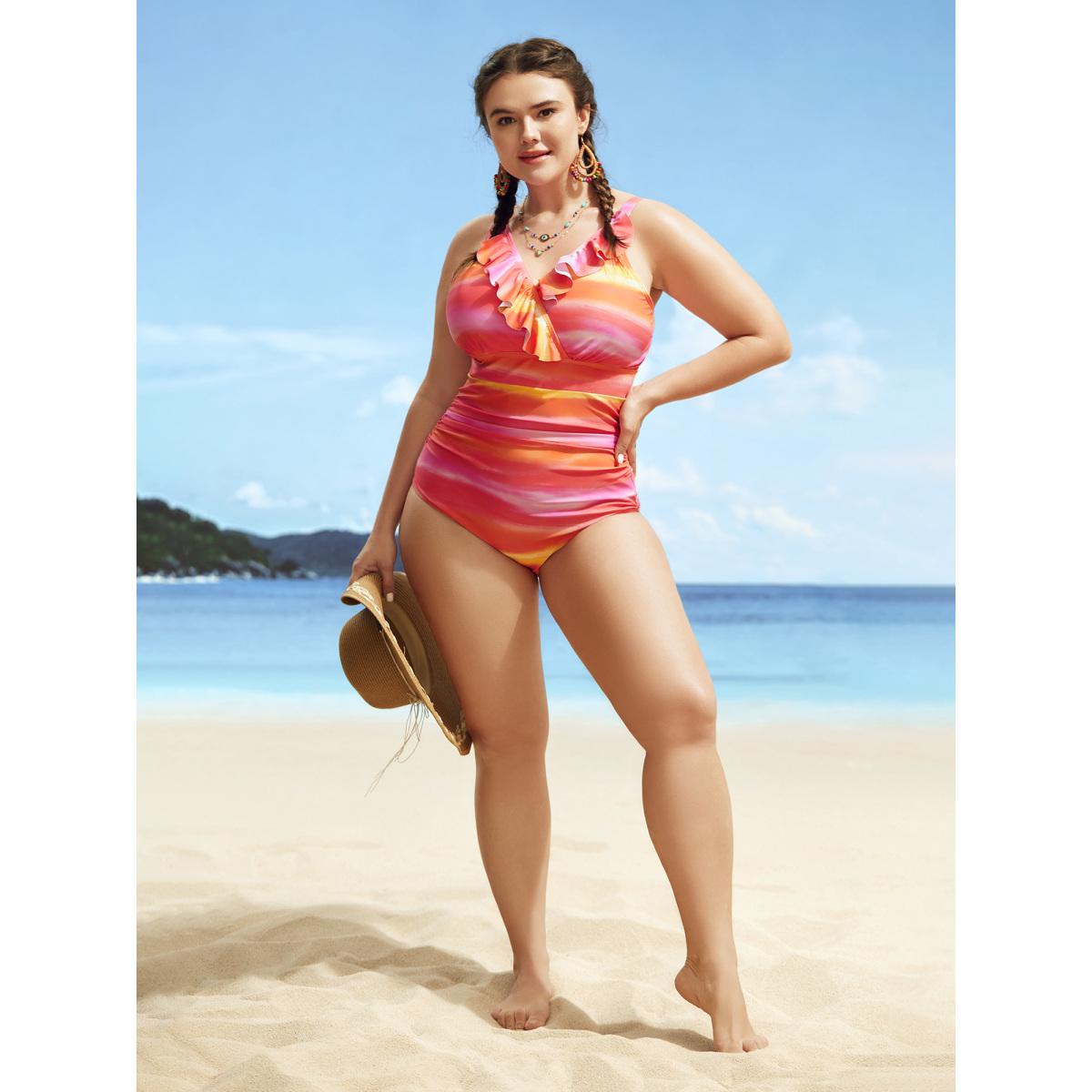 Plus Size Ombre Wrap Ruffle Trim One Piece Swimsuit Women's Swimwear Multicolor Beach Gathered Curve Bathing Suits High stretch One Pieces BloomChic 22-24/3X Product Image