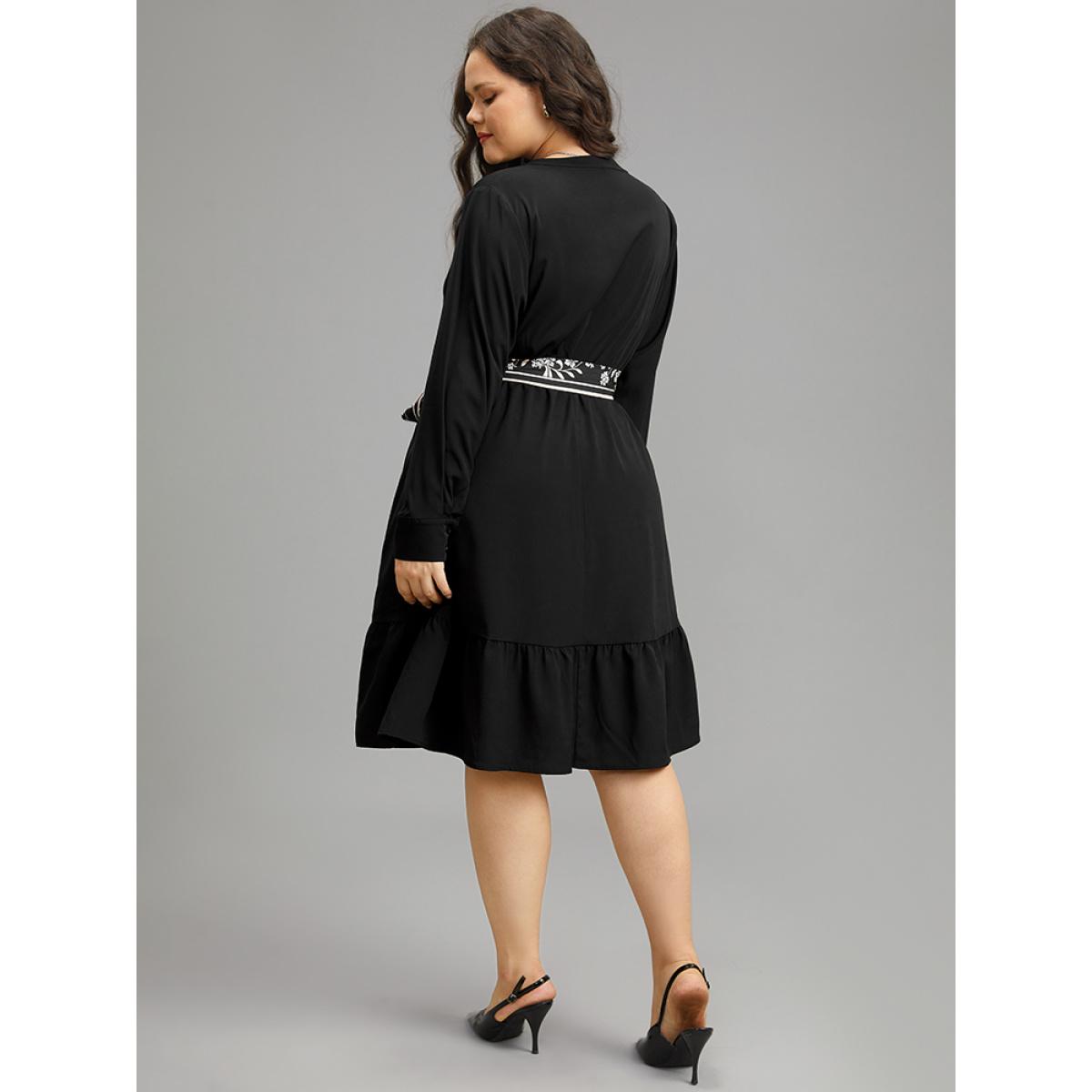 Plus Size Anti-Wrinkle Floral Print Belted Notched Dress Black Women At the Office Plain Notched collar Long Sleeve Curvy Knee Dress BloomChic 18-20/2X Product Image