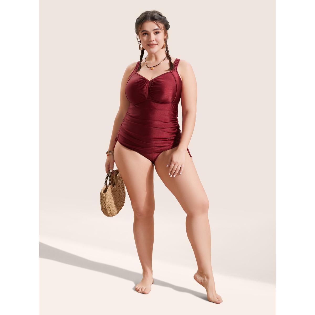 Plus Size Ruched Skinny Drawstring Heart Neckline One Piece Swimsuit Women's Swimwear Burgundy Beach Gathered Curve Bathing Suits High stretch One Pieces BloomChic 30/6X Product Image