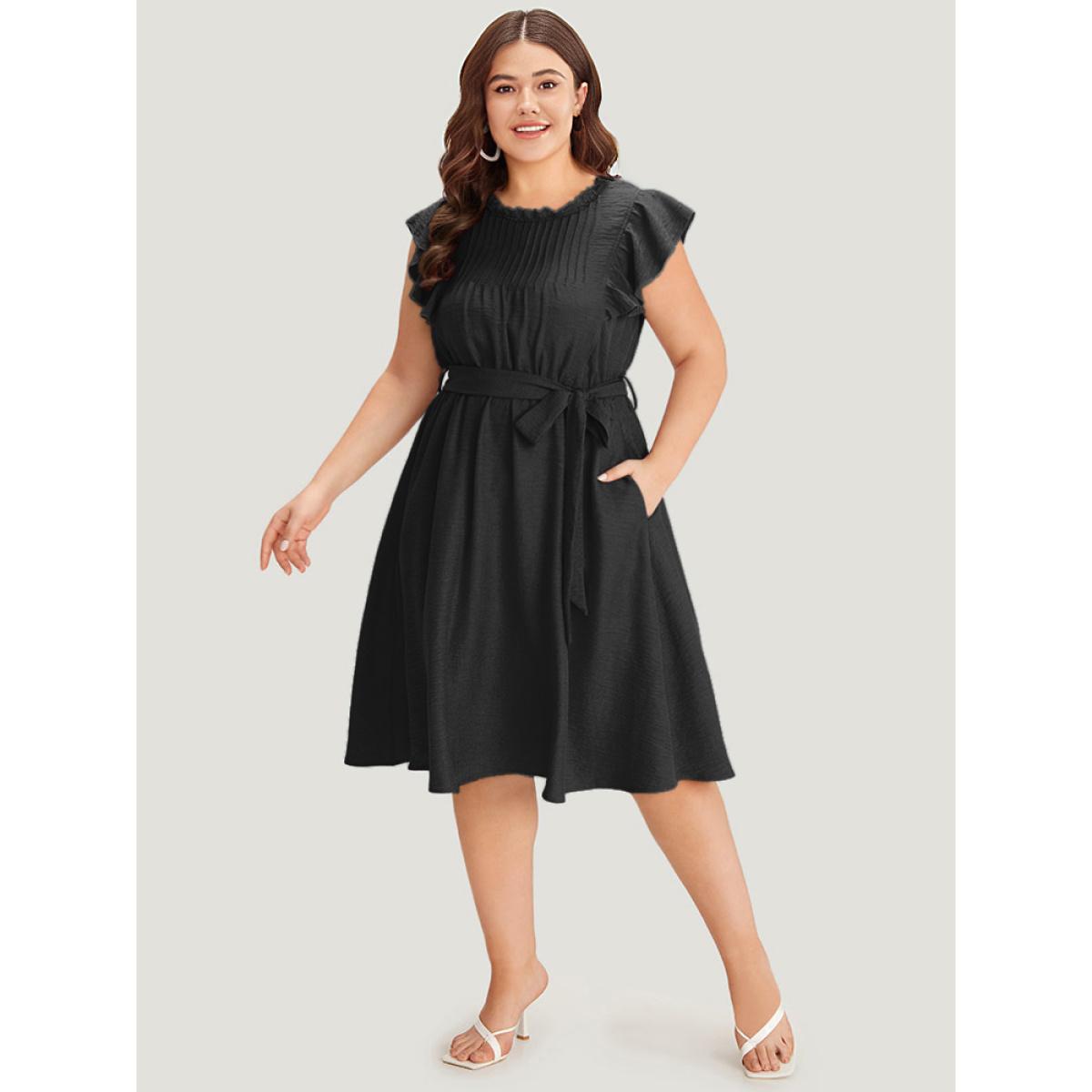 Plus Size Solid Pocket Lace Insert Pleated Flutter Sleeve Dress Black Women Office Gathered Round Neck Sleeveless Curvy Knee Dress BloomChic 26/4X Product Image