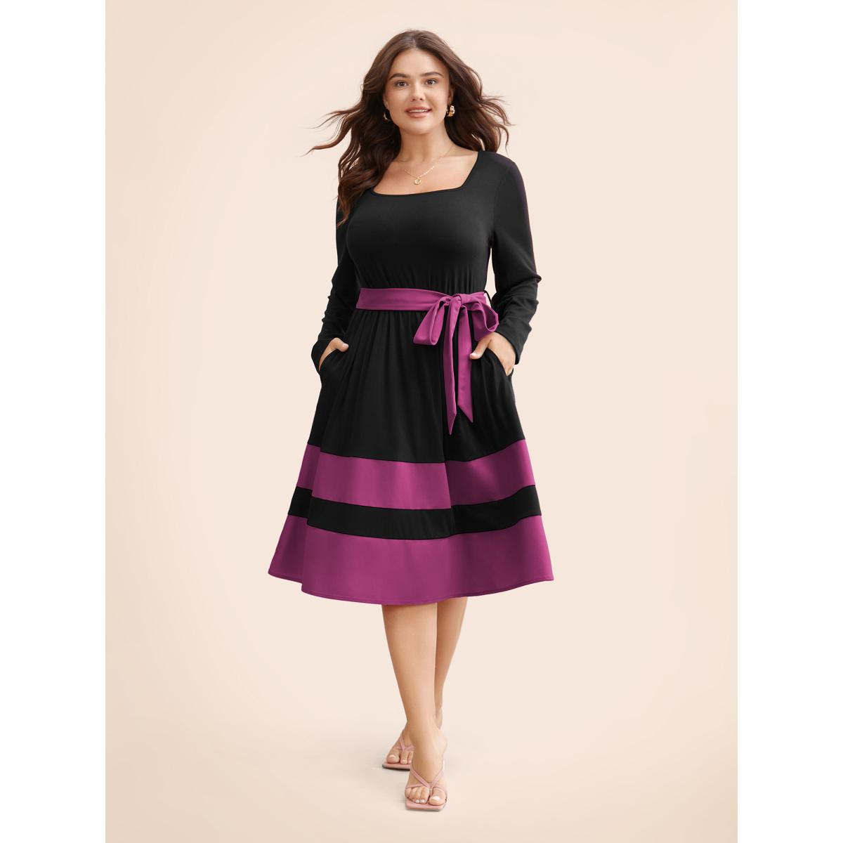 Plus Size Two Tone Belted Bowknot Square Neck Dress RedViolet Women Elegant Non Square Neck Long Sleeve Curvy Knee Dress BloomChic 10/M Product Image