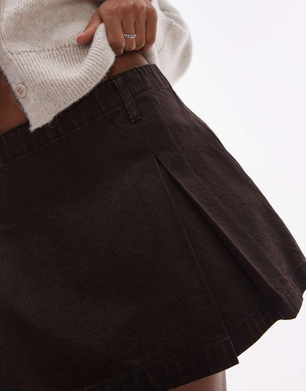 Topshop denim box pleat mini skirt in brown Product Image