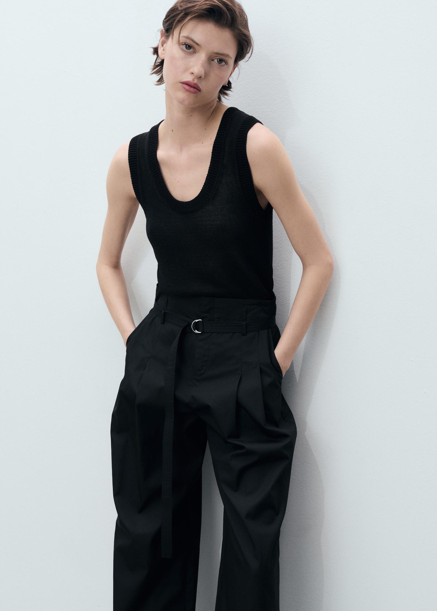 Wideleg cotton pants with belt - Women | MANGO USA Product Image