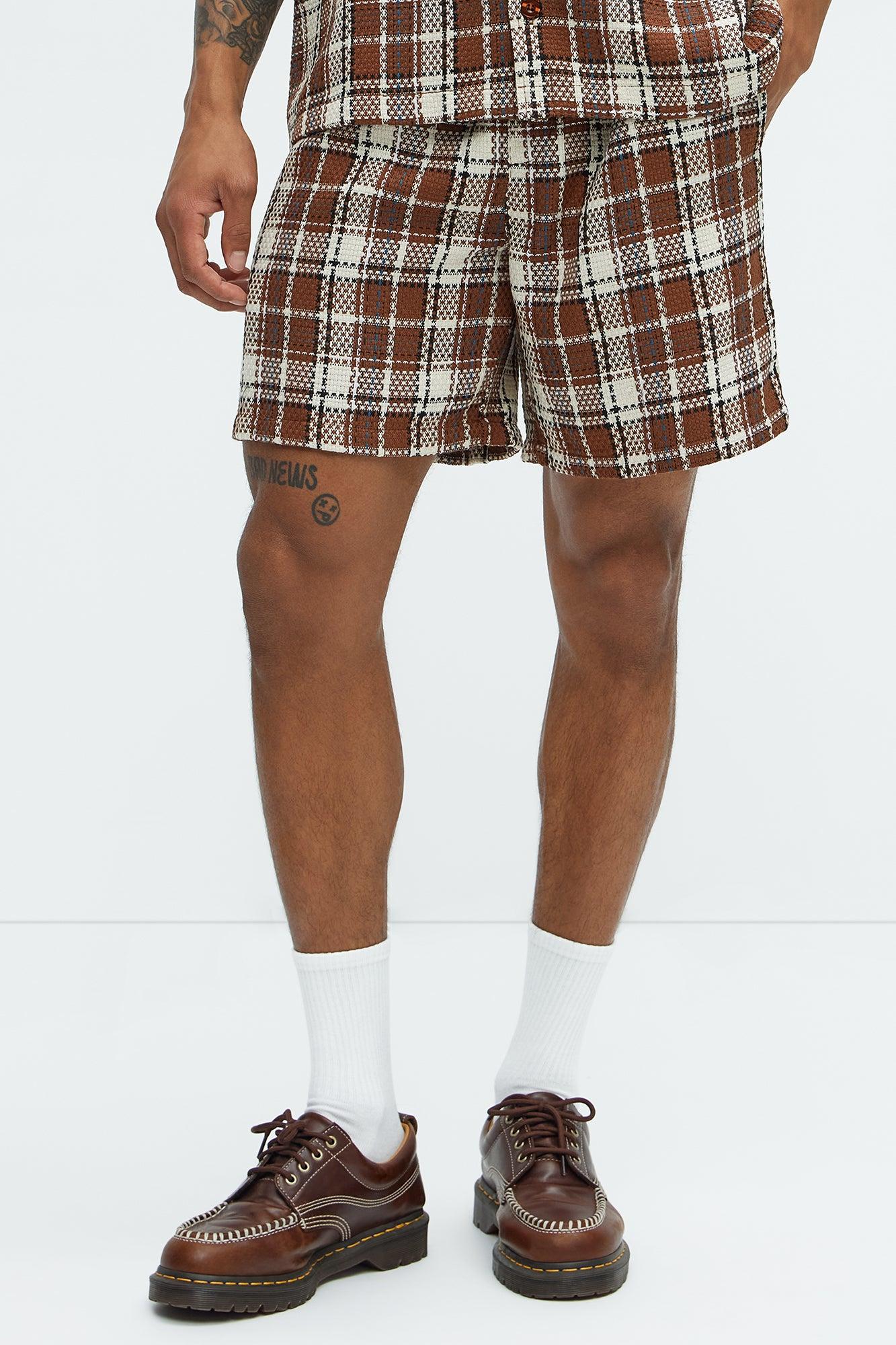 Plaid Basket Weave Volley Shorts - Brown/combo Product Image