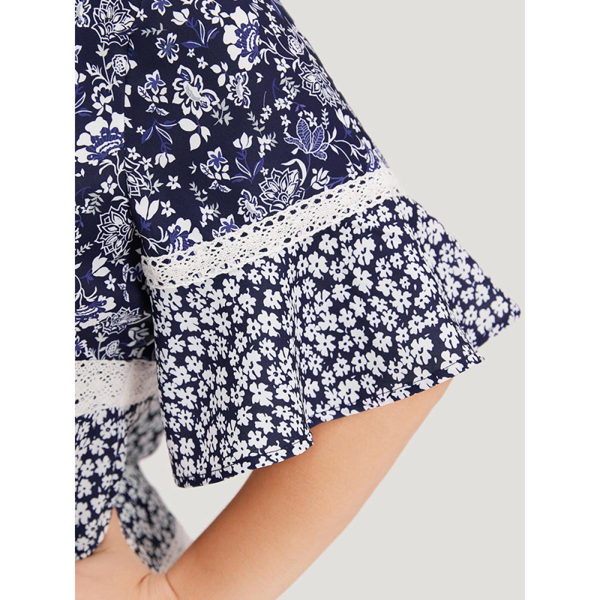 Plus Size Indigo Ditsy Floral Patchwork Square Neck Flutter Sleeve Blouse Women Elegant Half Sleeve Square Neck Dailywear Blouses BloomChic 10/M Product Image