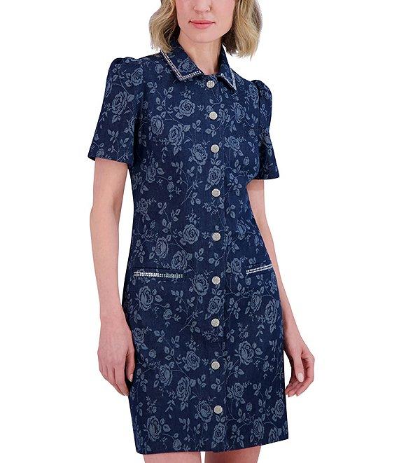 Eliza J Denim Floral Print Point Collar Neck Short Sleeve Rhinestoned Button Front Shirt Mini Dress Product Image