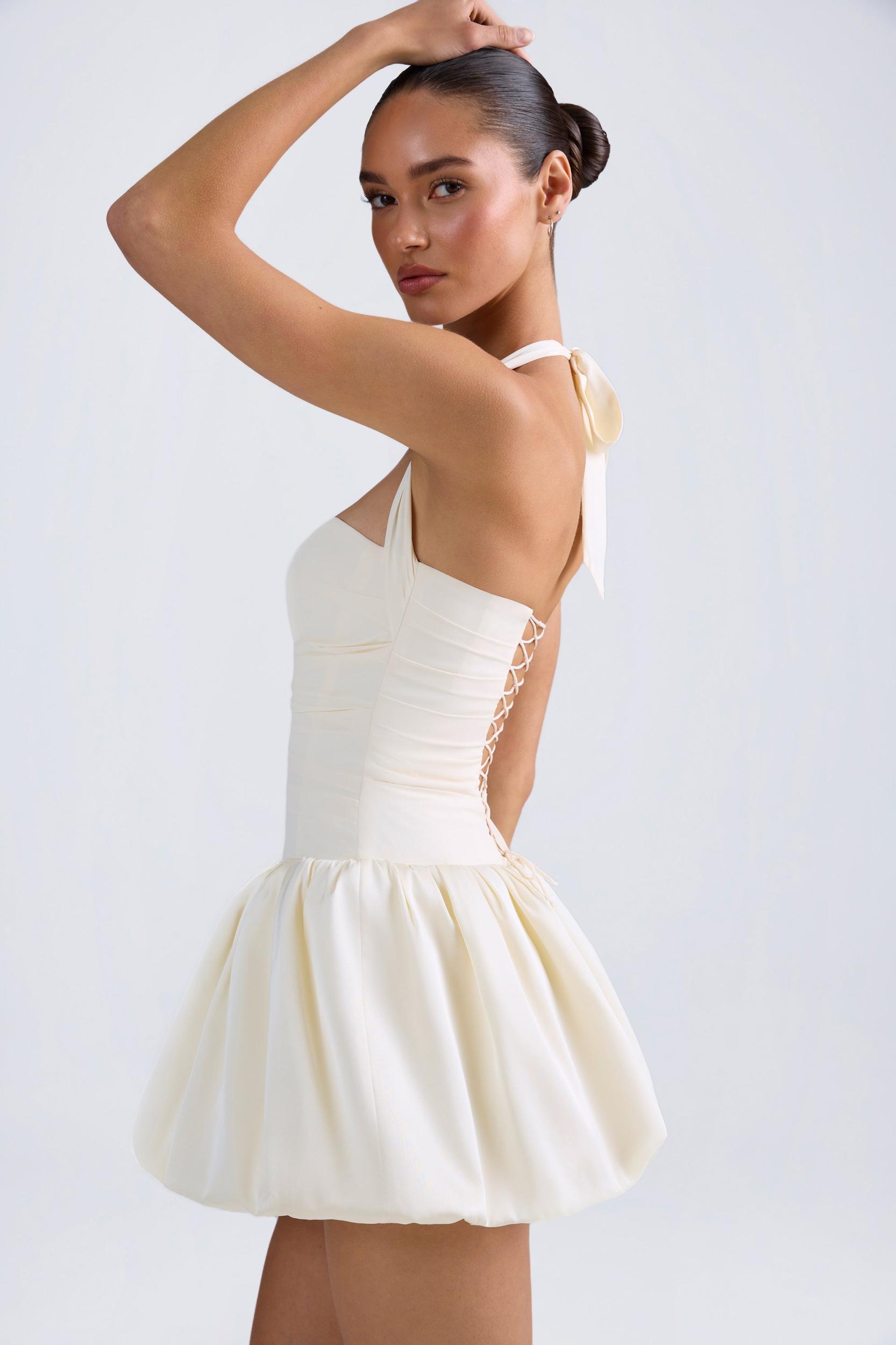 Halterneck Lace-Up Bubble Hem Corset Micro Mini Dress in Ivory Product Image
