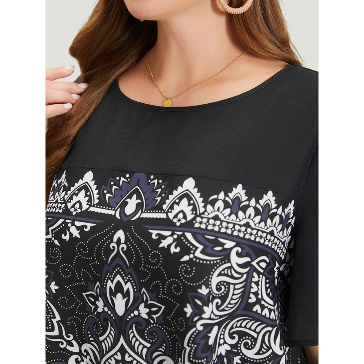 Plus Size Black Boho Print Crew Neck Flutter Sleeve Hanky Hem Blouse Women Vacation Short sleeve Round Neck Dailywear Blouses BloomChic 10/M Product Image