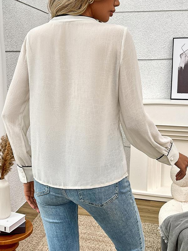 Long Sleeves Loose Buttoned Ruffle Trim V-Neck Blouses&Shirts Tops Product Image