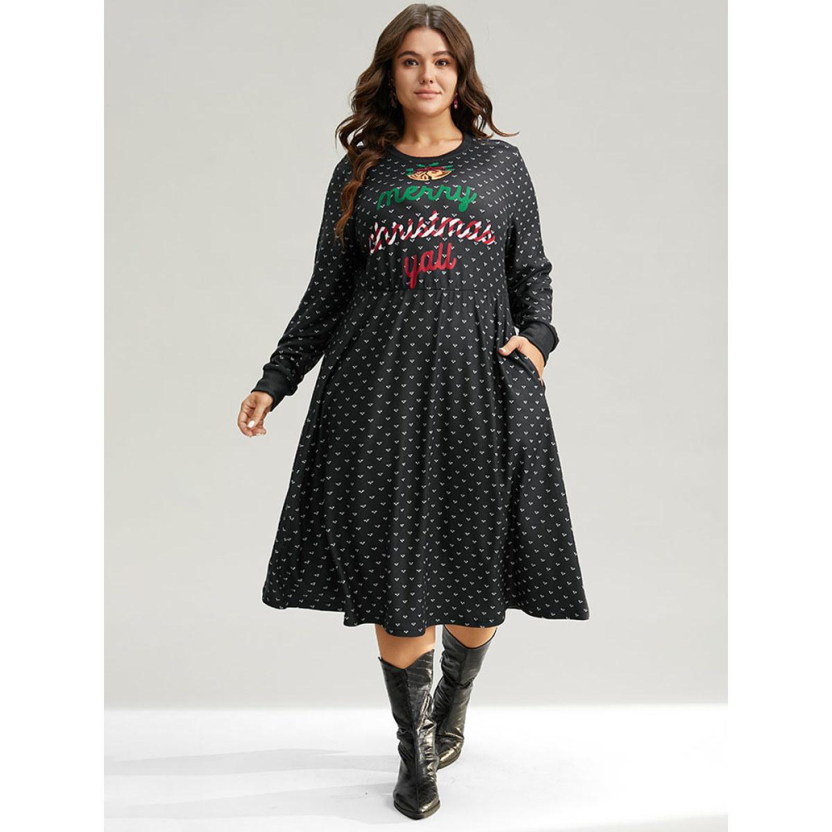Plus Size Christmas Letter Print Pocket Elastic Waist Dress Black Women Casual Printed Round Neck Long Sleeve Curvy Midi Dress BloomChic 28/5X Product Image