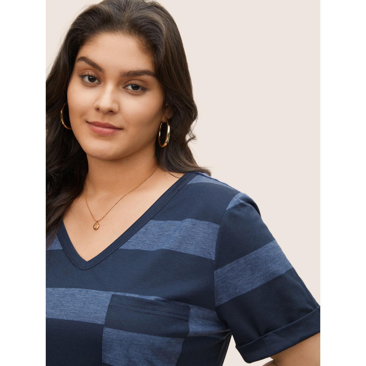 Plus Size V Neck Striped Patched Pocket T-shirt Indigo Women Casual Non Striped V-neck Everyday T-shirts BloomChic 26/4X Product Image