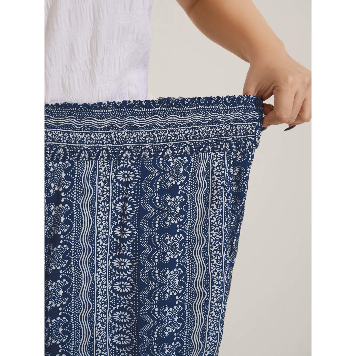Plus Size Boho Print Shirred Waist Wide-Leg Pants Women Moss Boho Wide Leg Mid Rise Vacation Pants BloomChic 30/6X Product Image