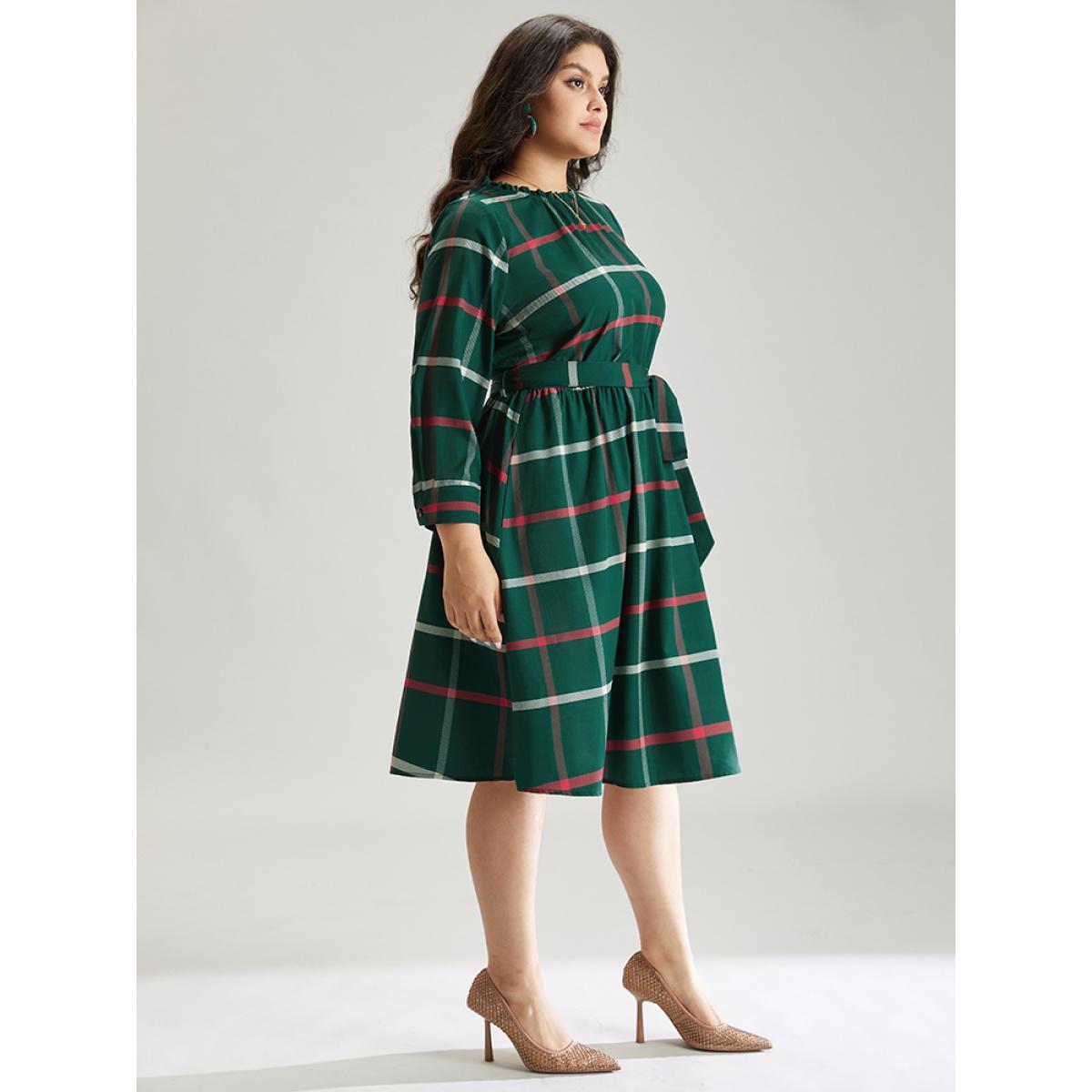 Plus Size Plaid Stand Collar Gathered Belted Dress Multicolor Women Office Printed Stand-up collar Elbow-length sleeve Curvy Midi Dress BloomChic 22-24/3X Product Image