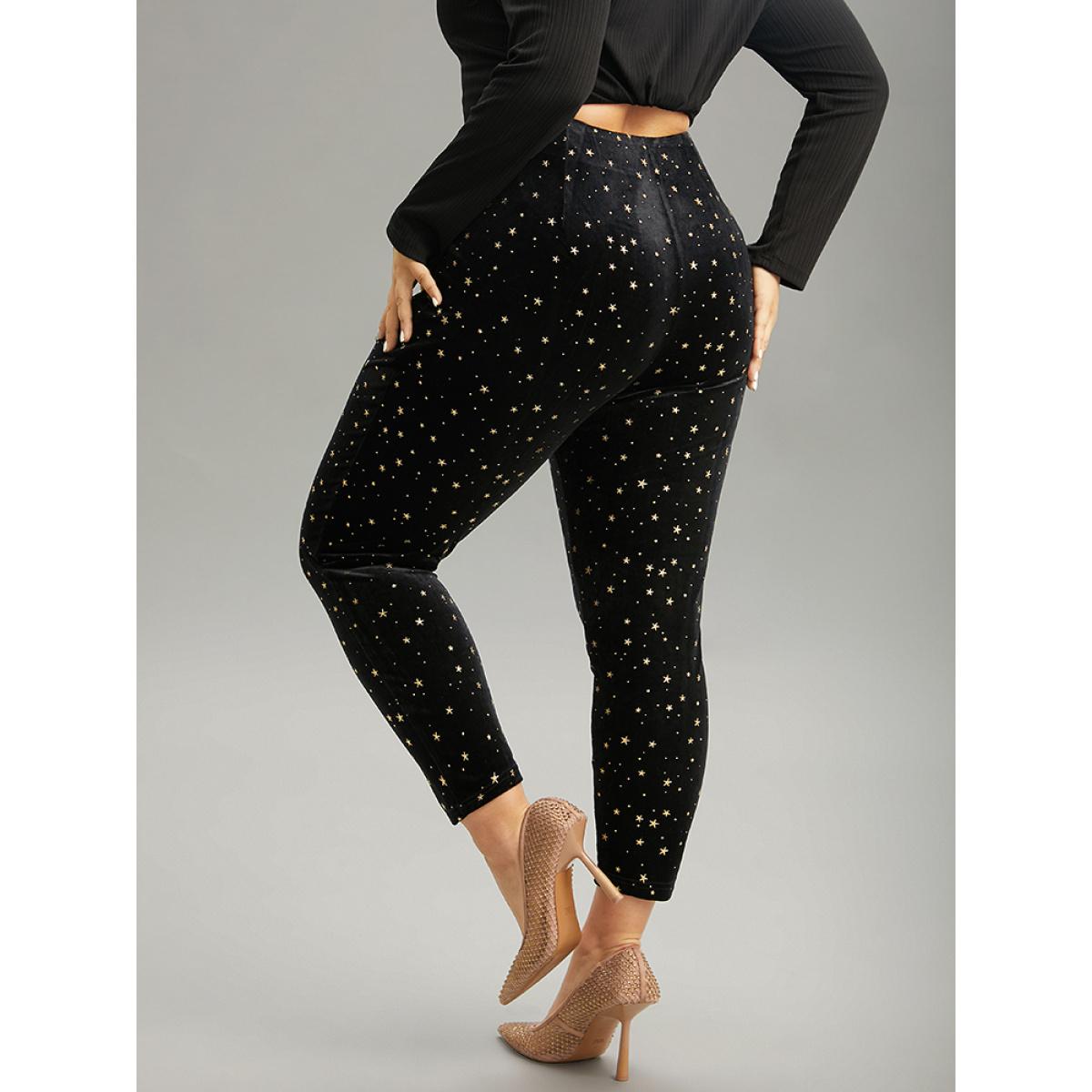 Plus Size Star Glitter Split Hem High Rise Skinny Leggings Women Black Glamour High stretch Skinny High Rise Party Leggings BloomChic 10/M Product Image