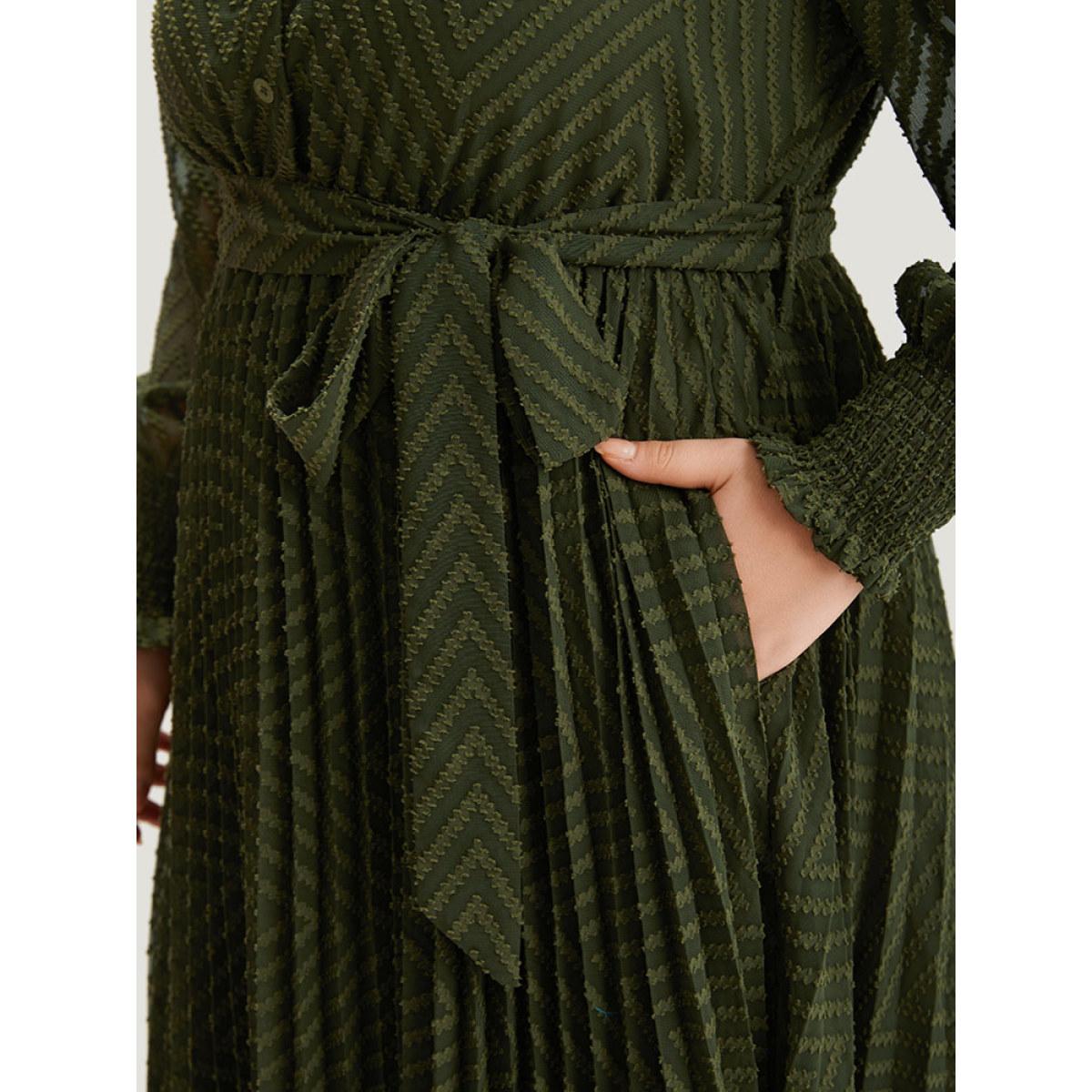 Plus Size Shirred Belted Pocket Shirt Collar Button Through Dress ArmyGreen Women Office Elastic cuffs Shirt collar Long Sleeve Curvy Midi Dress BloomChic 18-20/2X Product Image