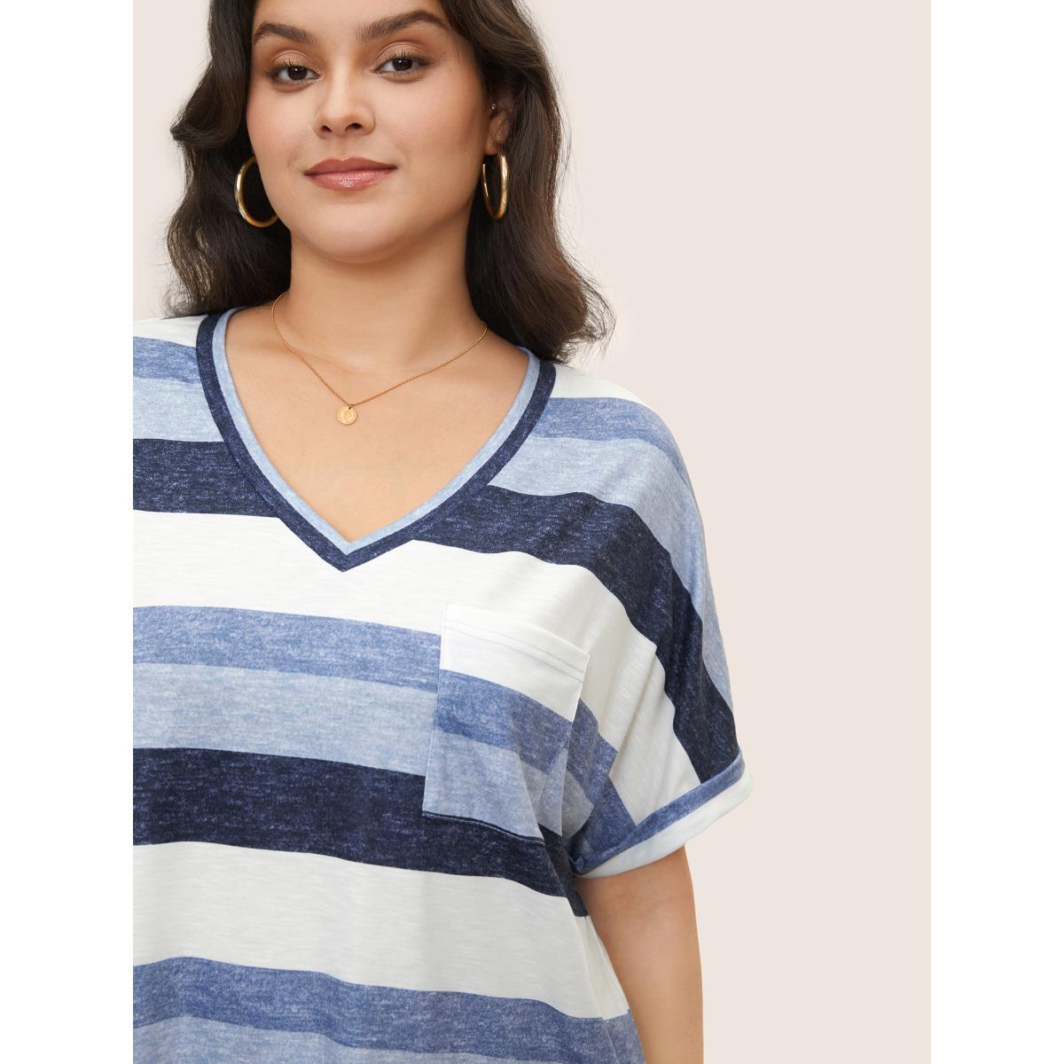 Plus Size Stripes Dolman Sleeve Patch Pocket T-shirt Blue Women Casual V-neck Everyday T-shirts BloomChic 26/4X Product Image