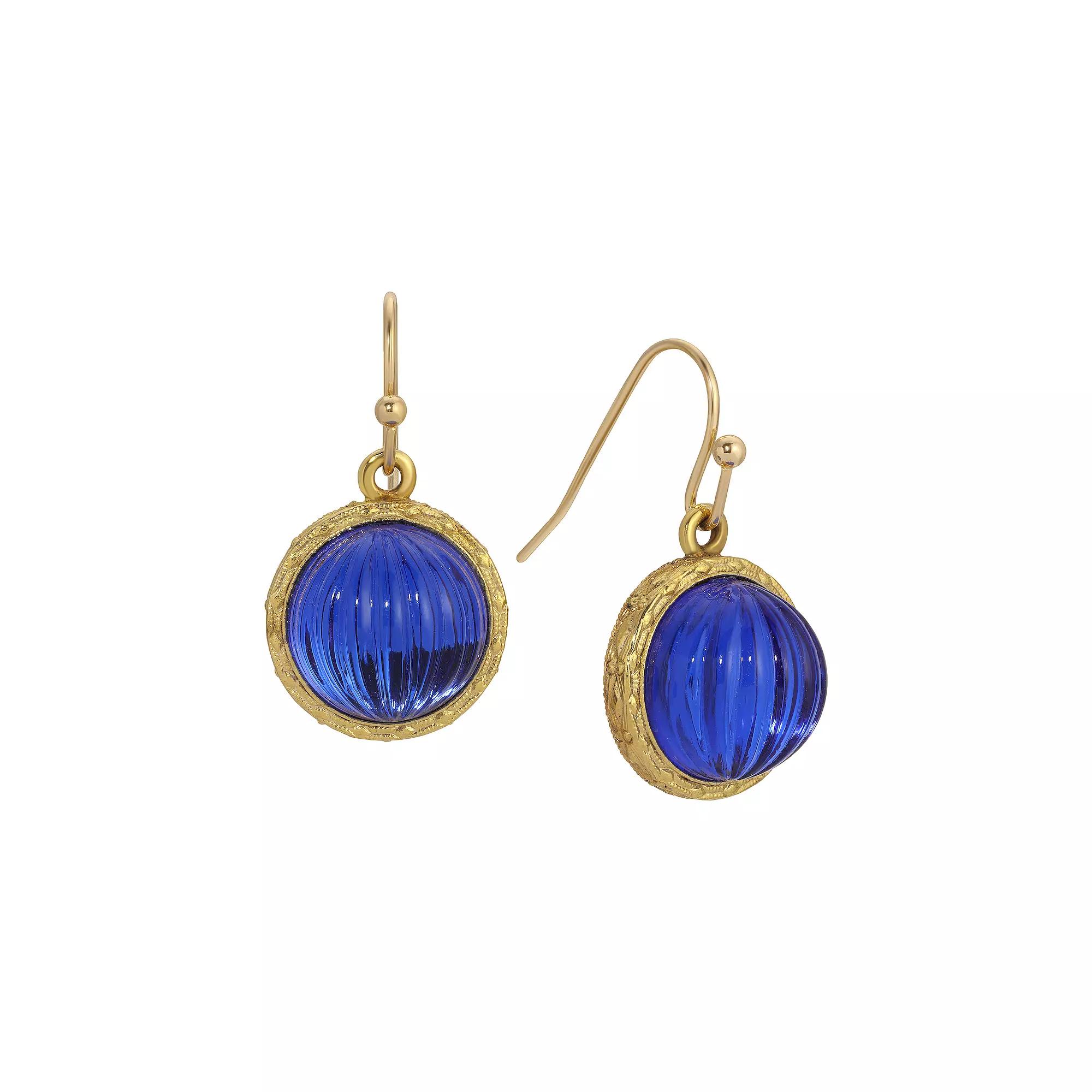 1928 Gold Tone Round Blue Ribbed Stone Earrings, Women's Product Image