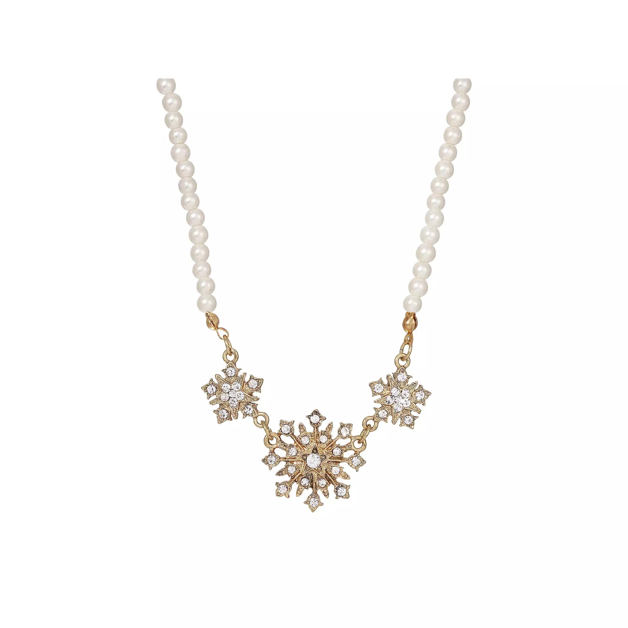 1928 Gold Tone Simulated Pearl & Crystal Starburst Necklace, Women's, Silver White Product Image