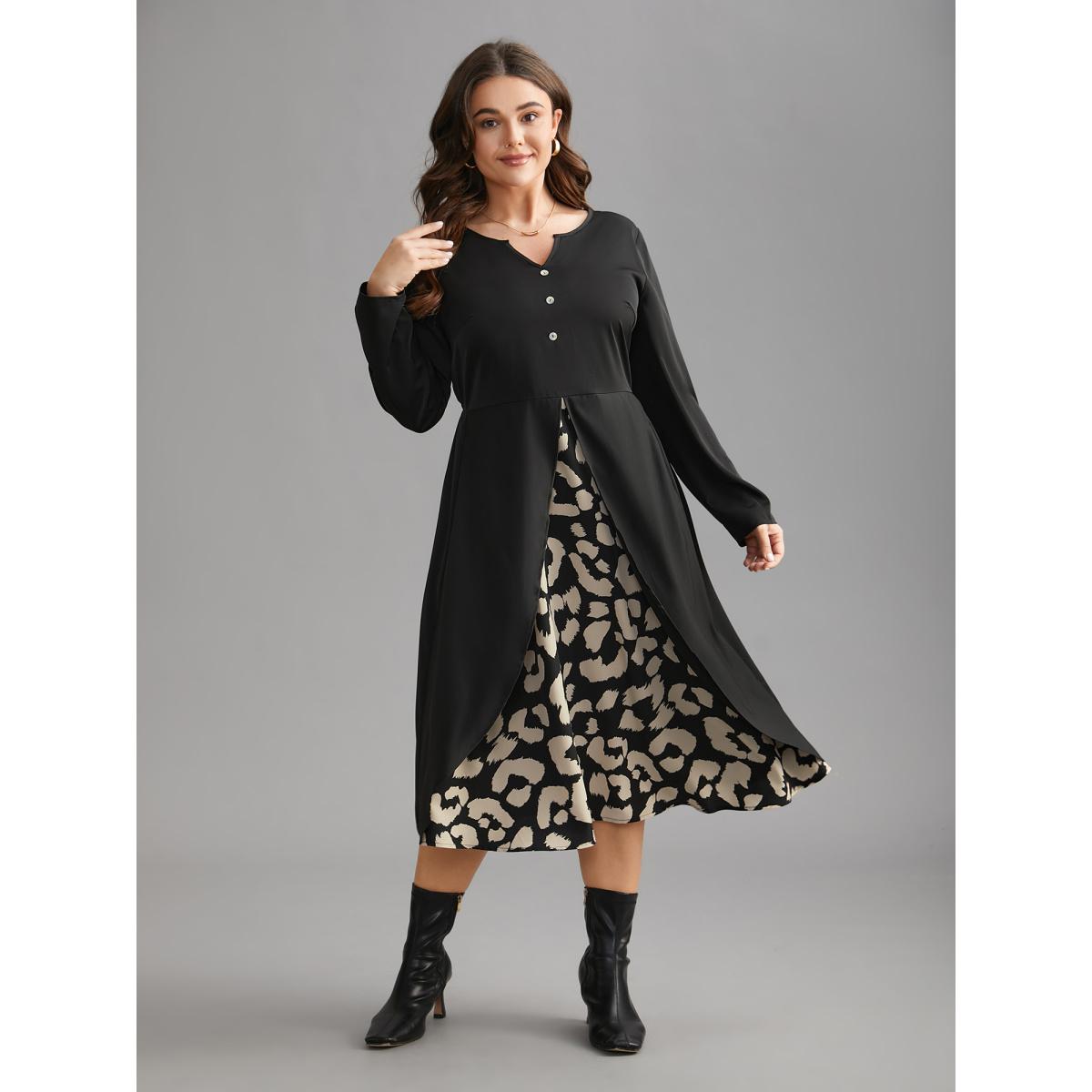 Plus Size Leopard Print Two-Piece Elastic Waist Dress Black Women Elegant Patchwork Notched collar Long Sleeve Curvy BloomChic 10/M Product Image