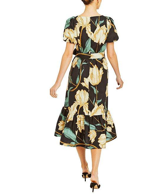 Mestiza New York Jasmine Linen Floral Print Square Neck Puff Sleeve Midi A-Line Dress Product Image