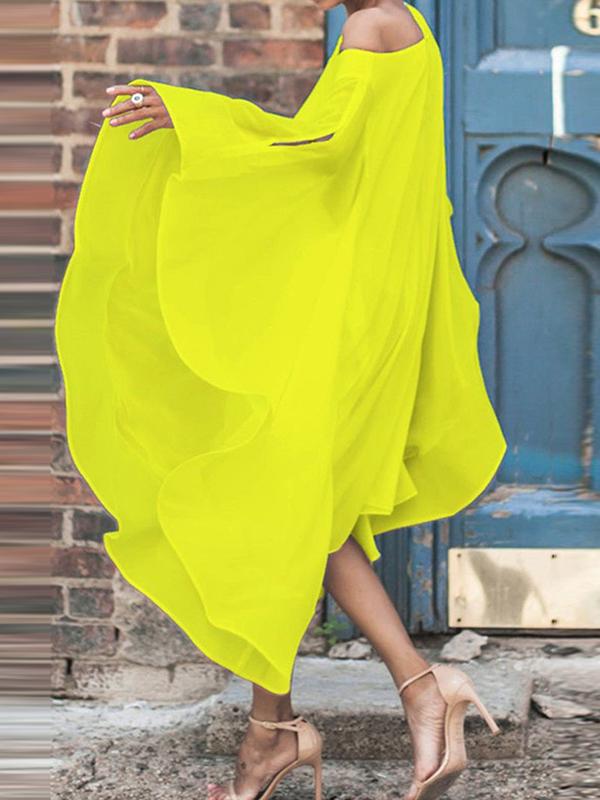 Batwing Sleeves Asymmetric Solid Color Cold Shoulder Midi Dresses Product Image