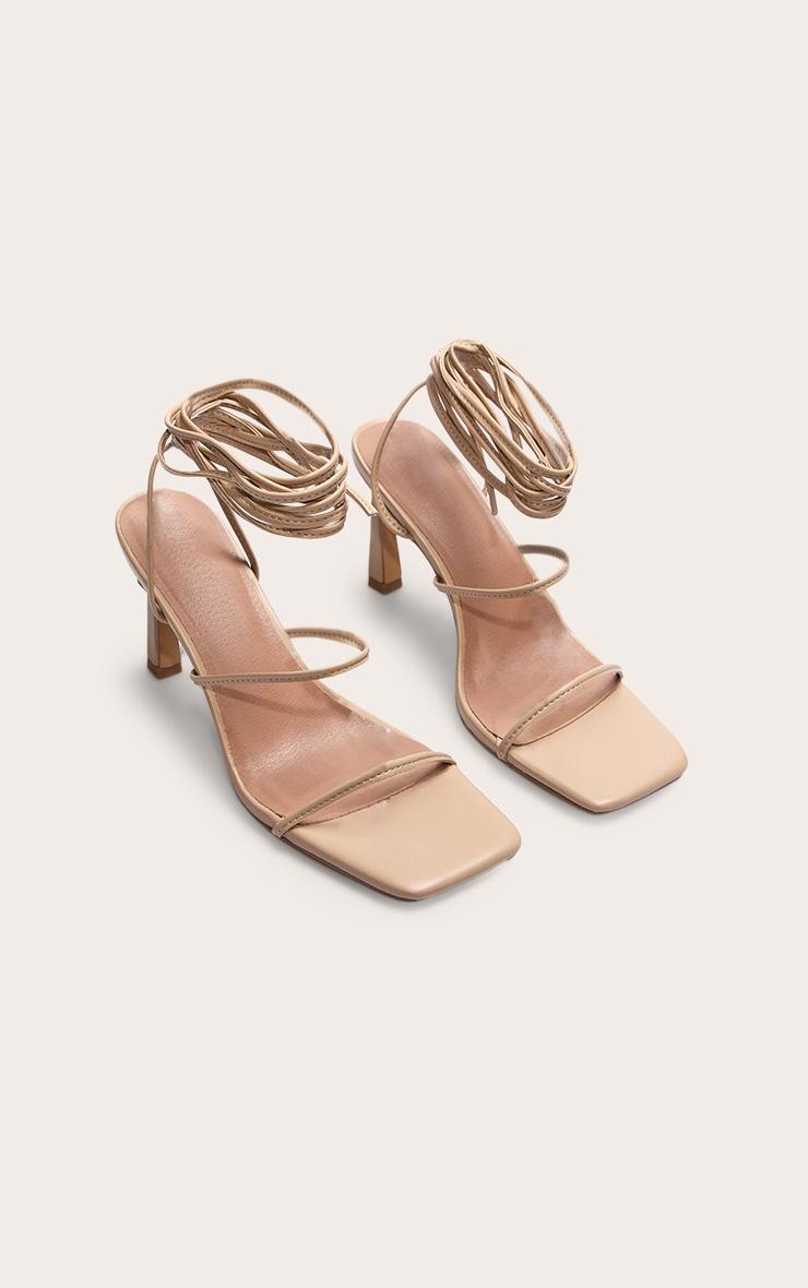 Nude Pu Square Toe Strappy Lace Up Mid Stiletto Heeled Sandals Product Image