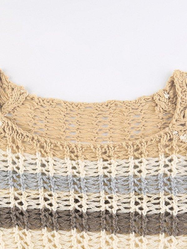Super Crop Long Sleeve Knit Striped Crochet Top Product Image
