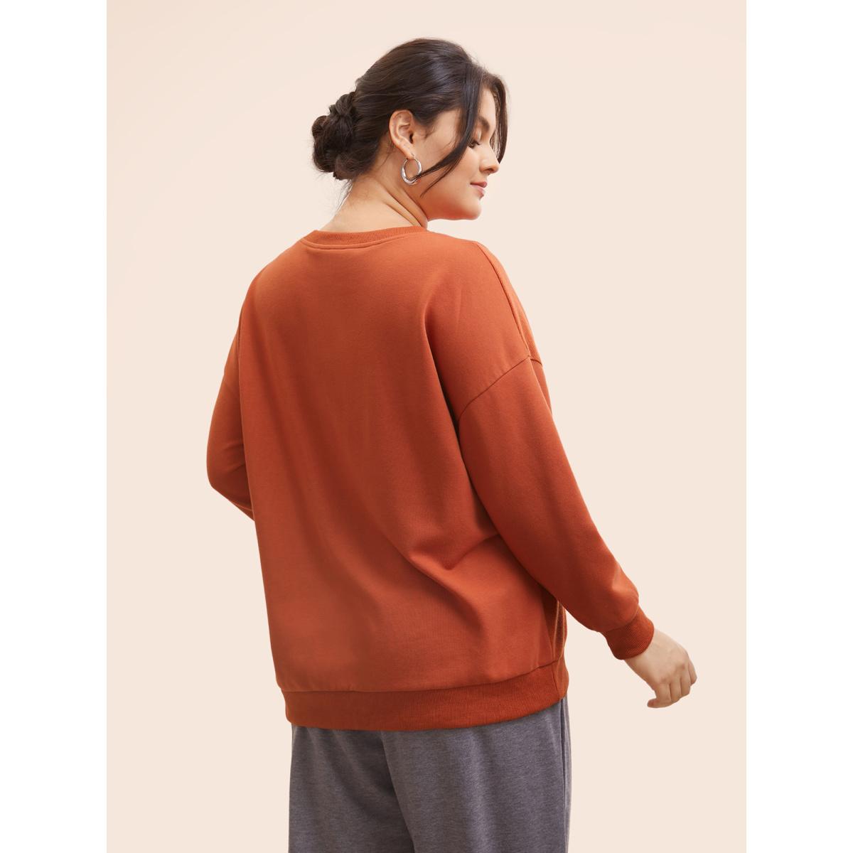 Plus Size Round Neck Patchwork Drop Shoulder Sweatshirt Women Rust Casual Patchwork Round Neck Everyday Sweatshirts BloomChic 22-24/3X Product Image